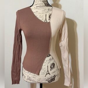 NWT Naked Wardrobe Ribbed Snatched Coco & Oatmeal Long Sleeve Top